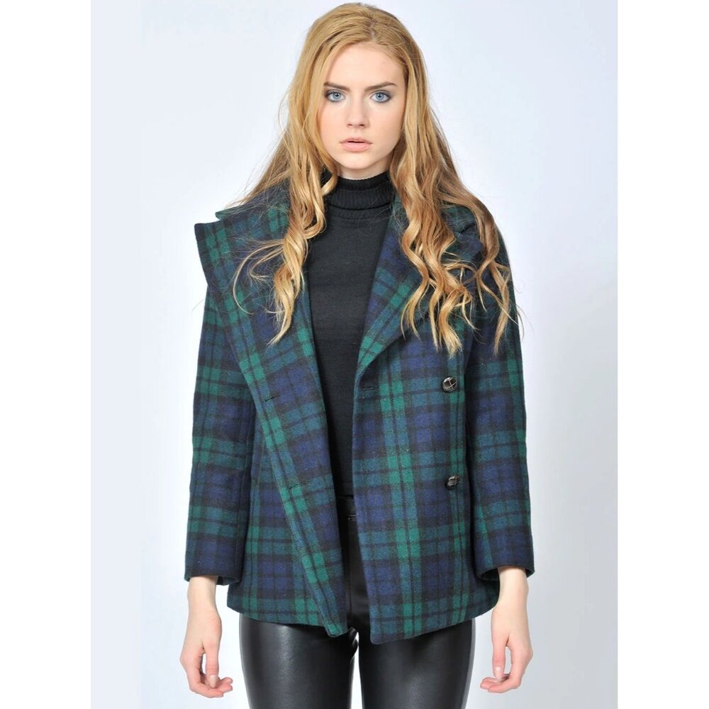 Anne Klein Plaid Blazer Coat Womens Size Medium Double Breasted Green Blue